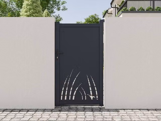 Vente-unique Aluminium Swing Gate with Laser-Cut Floral Pattern, Dark Grey, W103 x H181 cm