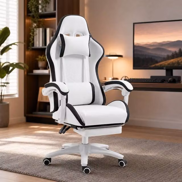 STILVORA White Gaming Chair with Footrest, Headrest and 360 Degree Swivel Function – 1