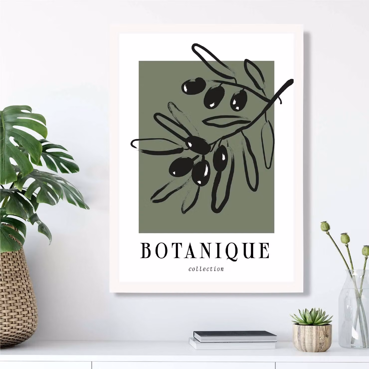 ARTZE Green and Black Olive Boho Sketch Floral Framed Print with White Frame, A2 – 2