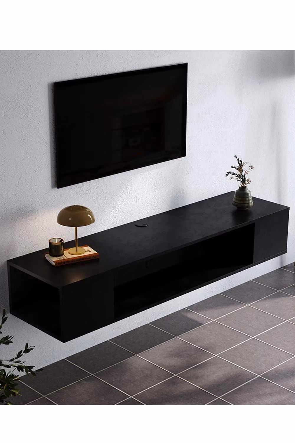 H&O Direct Modern Wall Mounted Floating TV Stand and Storage Cabinet in Matt Black – 2