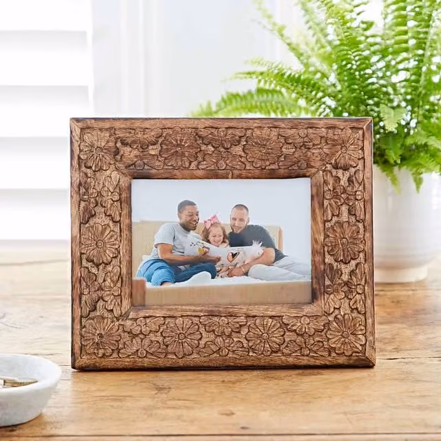 Paper High Asali Natural Floral Pattern Mango Wood Tabletop Picture Frame, W/H: 17.78 x 12.7 cm