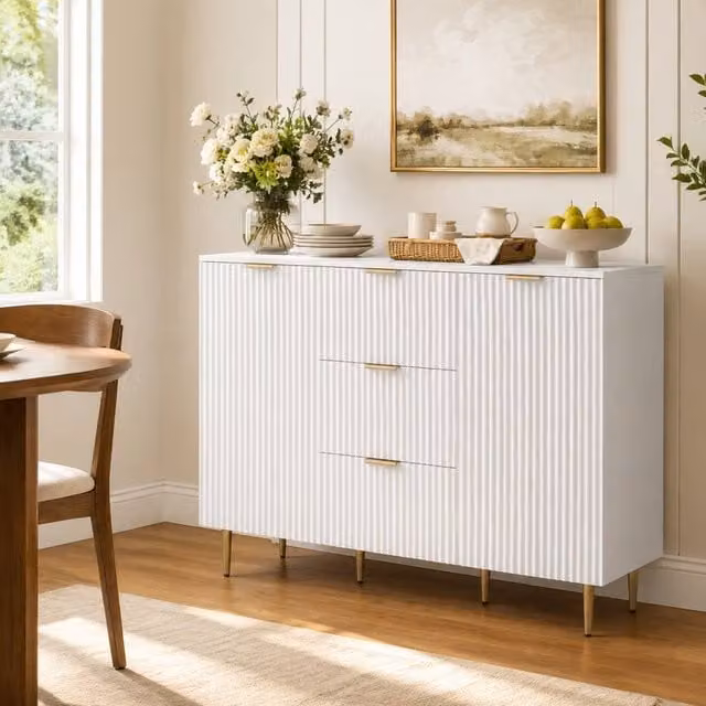 STILVORA White Lacquered Sideboard with 3 Drawers and Adjustable Shelves