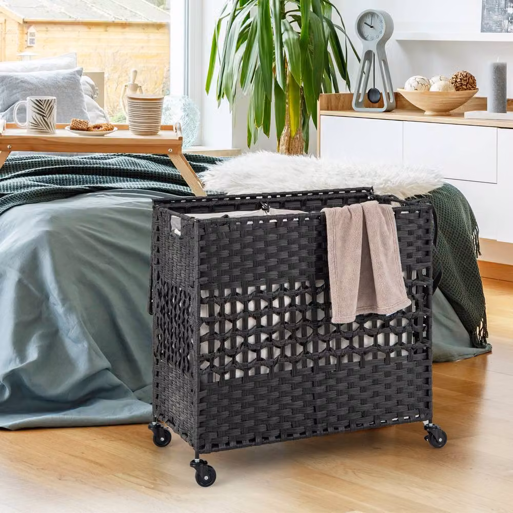 Costway 110L 2-Section Laundry Hamper with Lid and Wheels in Black – 3
