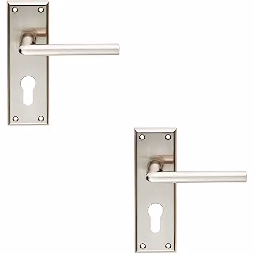 Loops Rounded Lever on Euro Lock Backplate Door Handle, 2 Pack, Satin Nickel, W: 150 mm, H: 50 mm