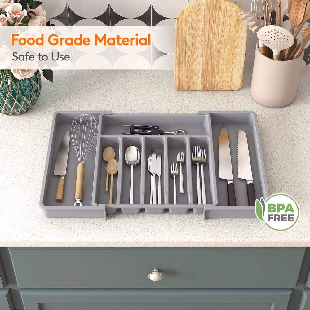 PAWNORA Expandable Grey Plastic Cutlery Tray for Kitchen Storage – 4