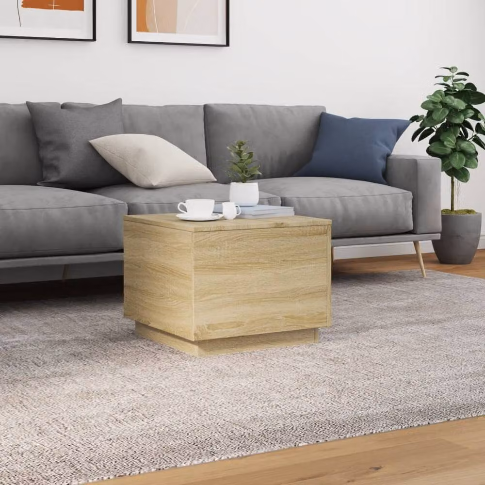 Berkfield Home Modern Coffee Table with LED Lights in Sonoma Oak and Light Tan, W/D/H: 50 x 50 x 40 cm – 2