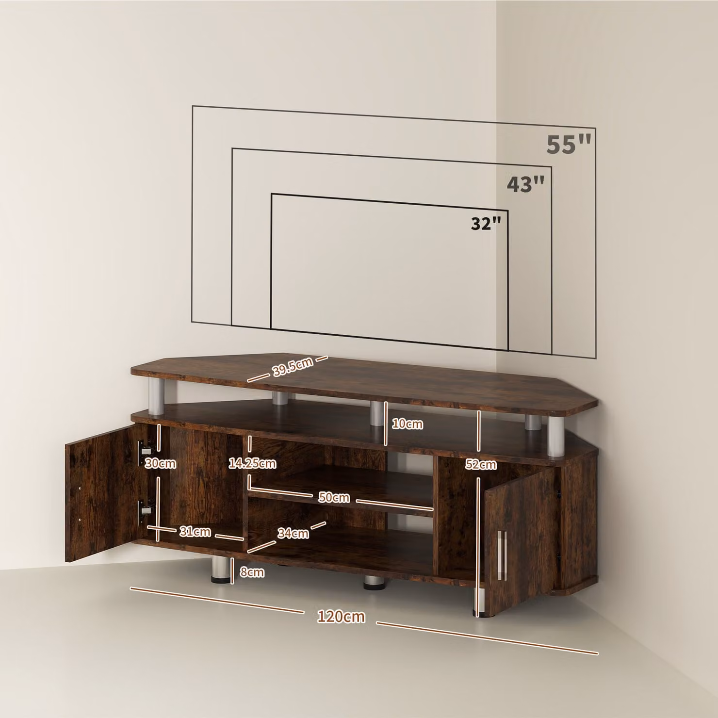HOMCOM Rustic Brown TV Unit Cabinet for TVs up to 55 Inches with Storage Shelves and Cupboard, W: 120 cm – 3