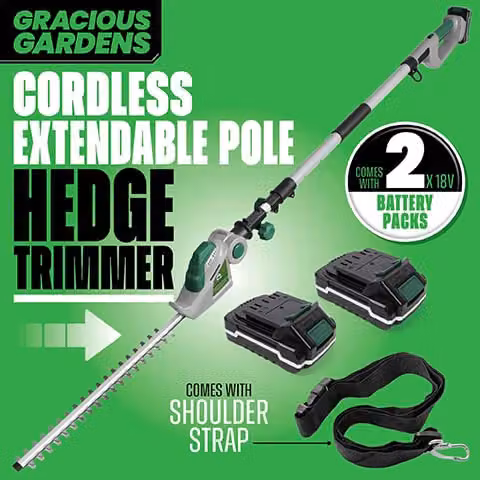 Gracious Gardens 18V Long Reach Cordless Reciprocating Hedge Trimmer in Grey and Green with 2 Rechargeable Batteries and Quick Charger – 2
