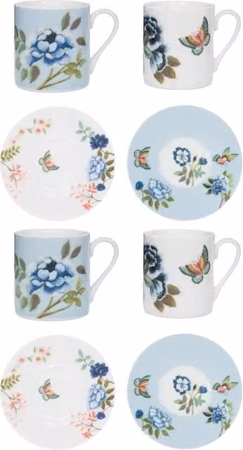 Designers Guild Multicolour Floral Porcelain De Chine Espresso Cup and Saucer Set of 4, 90ml Cup, Saucer Diameter: 12 cm