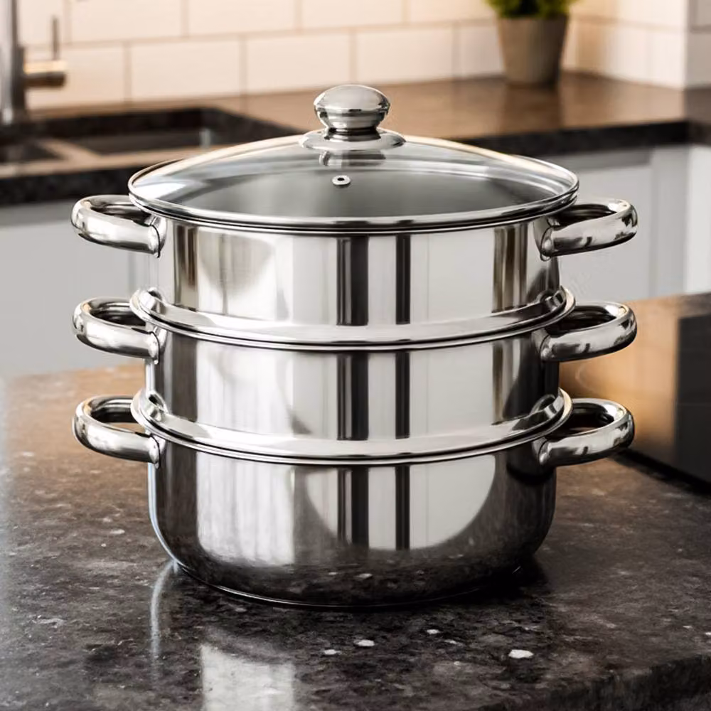 Crystals 3 Tier Stainless Steel Induction Hob Steamer Pot with Glass Lid, Metallic Silver, Diameter: 22 cm – 4
