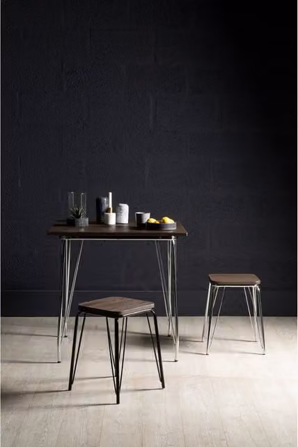 Orsina Industrial Metal and Elm Wood Outdoor Dining Table in Grey and Brown, W/D/H: 80 x 80 x 76 cm