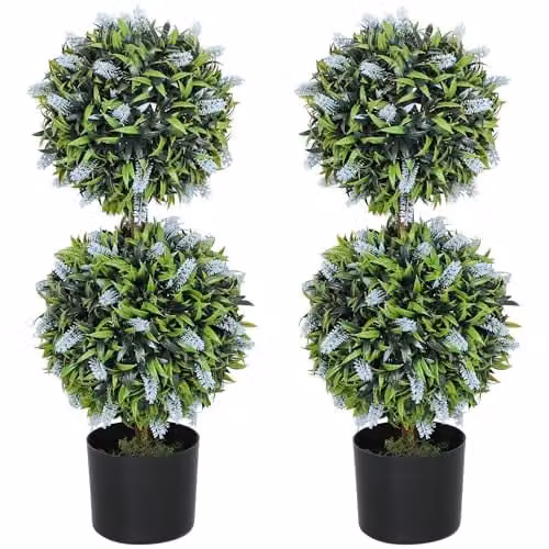 HOMCOM Set of 2 Blue and Green Artificial Floral Ball Trees in Round Concrete and Plastic Pots, Height: 70 cm