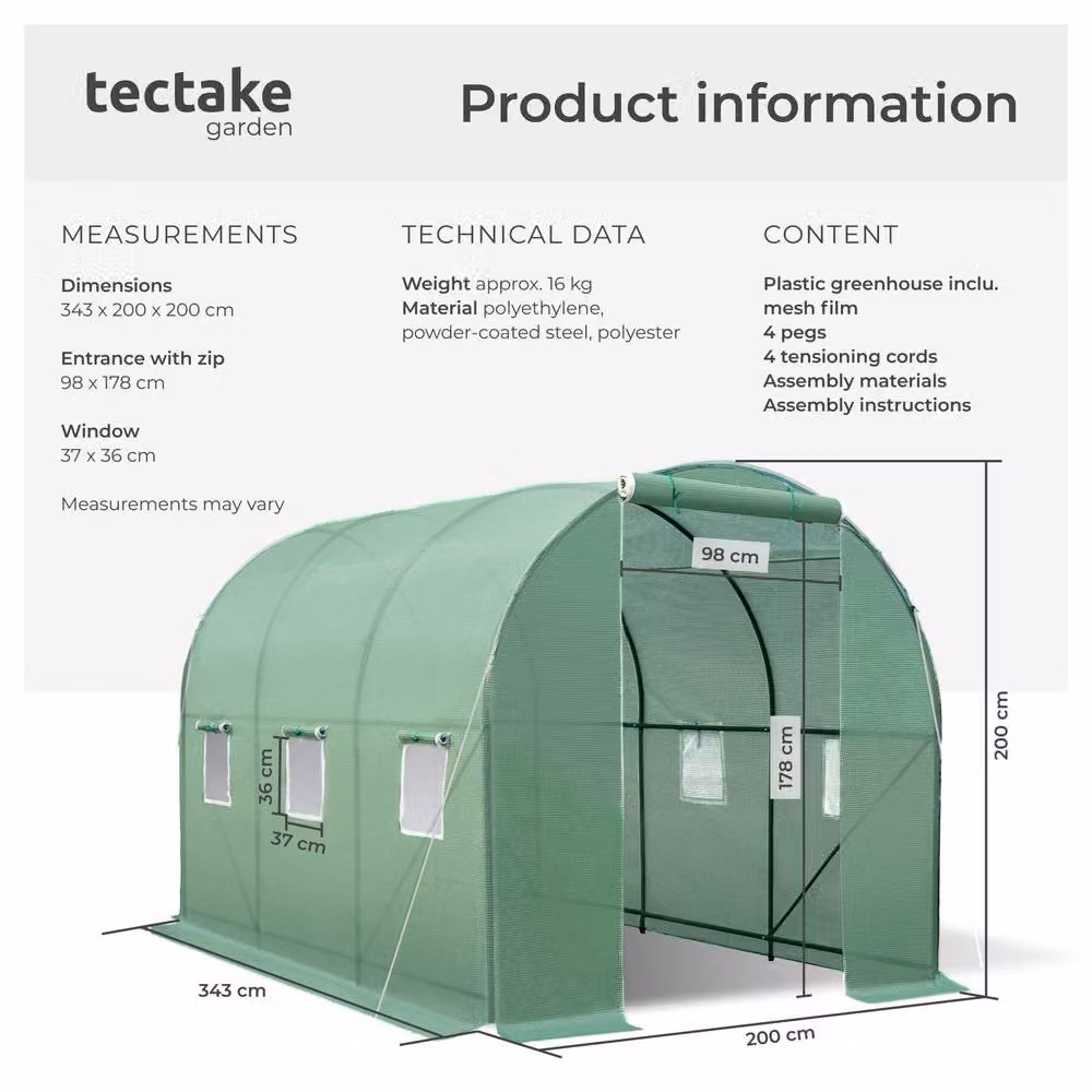 tectake Green Polytunnel Greenhouse with 6 Windows, W/D/H: 343 x 200 x 200 cm – 5