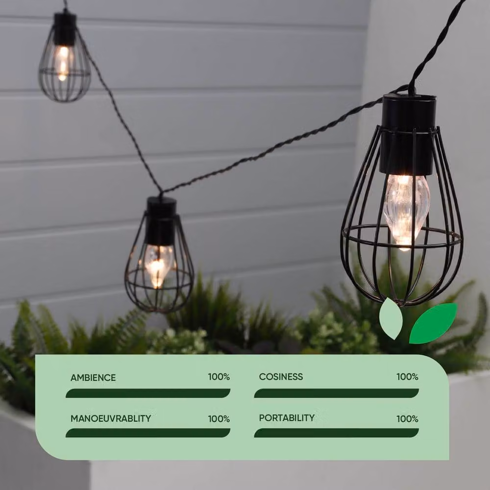 Gardenwize Solar LED String Lights with 8 Warm White Metal Bulbs in Black – 3