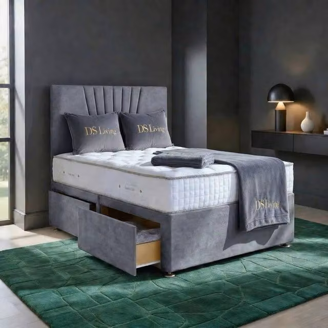 DS Living Elysian Upholstered Fabric Drawer Storage Bed Frame in Silver Grey, W/D/H: 200 x 200 cm – 1