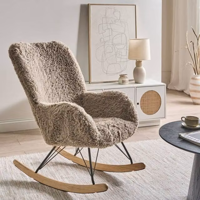 Wyld and Coco Rocking Chair in Beige with Rubberwood Frame and Faux Fur Fabric – 1