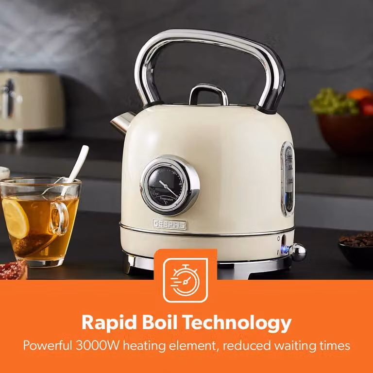 Geepas Retrovive Cream Electric Kettle 1.8L and 4 Slice Toaster Kitchen Combo Set