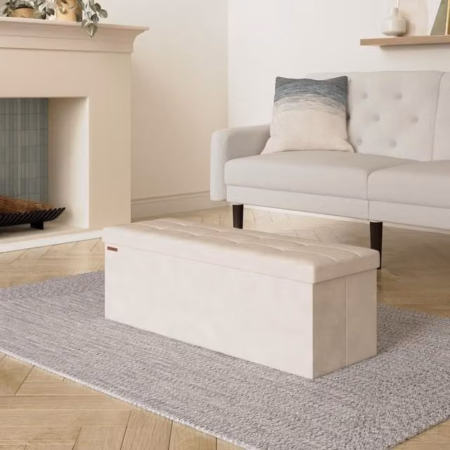The Bazaarist Cream White Velvet Storage Ottoman with Extended Hidden Storage Space
