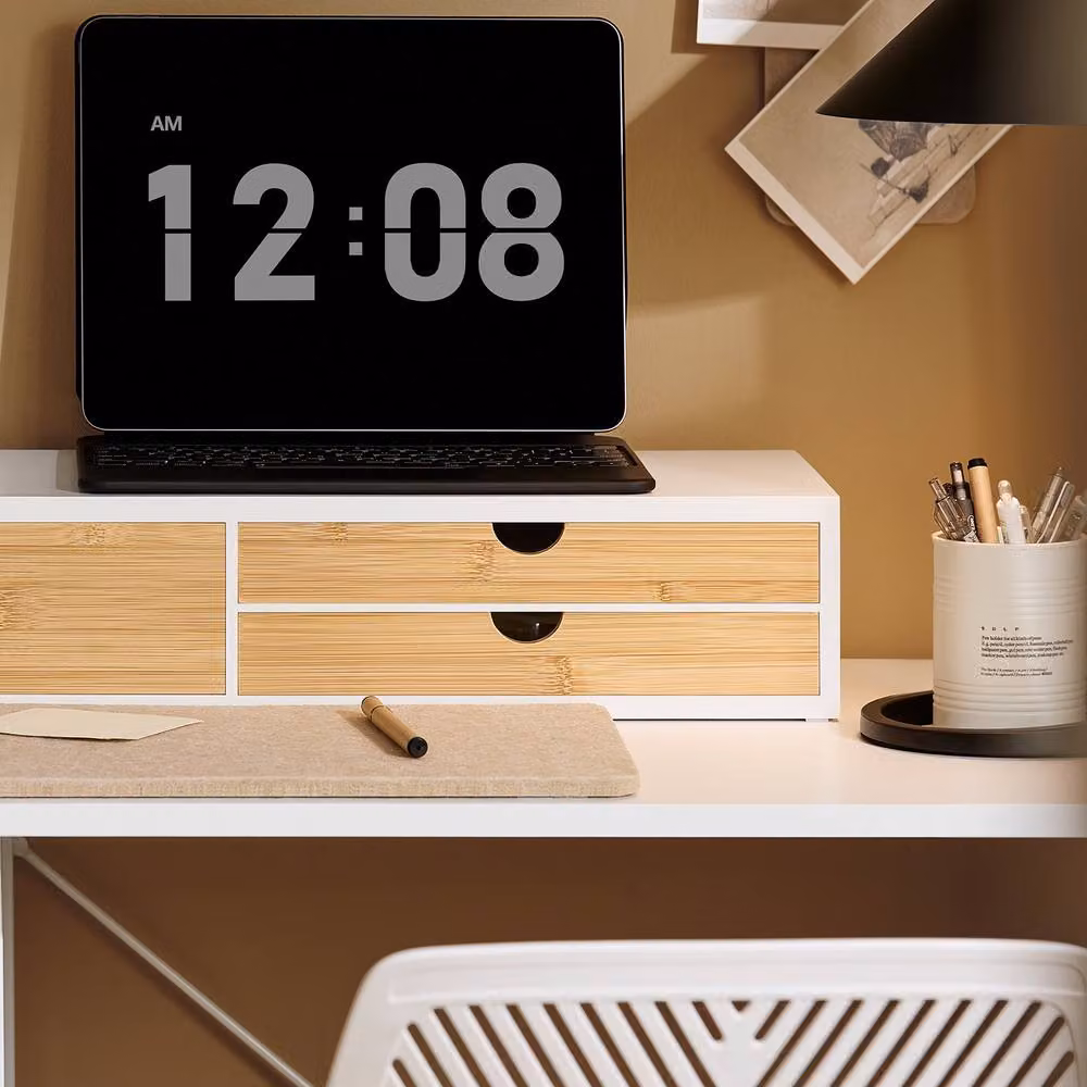 SoBuy Monitor Stand with 3 Drawers and Bamboo Front in White – 5