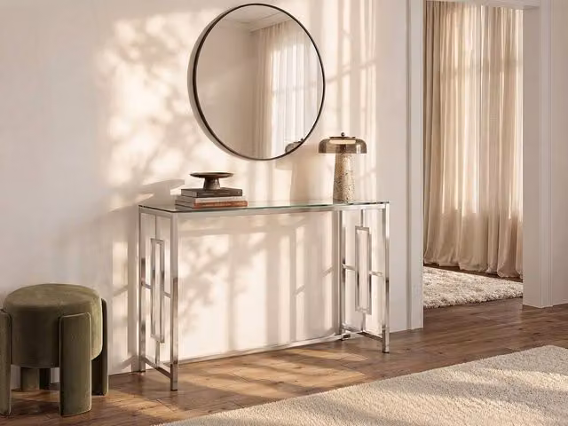 Vente-unique Clotilde Tempered Glass and Steel Console Table in Chrome and Clear, W: 120 cm, H: 78 cm, D: 40 cm