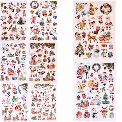 Shatchi 3D Christmas Window Stickers with Multicolour Snowflakes and Animals, 8 Assorted Sheets