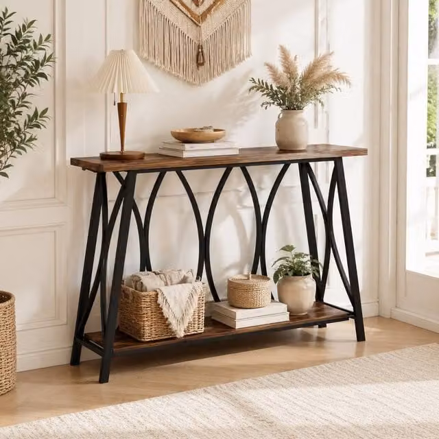 STILVORA Industrial Console Table with Storage in Dark Brown and Black – 1