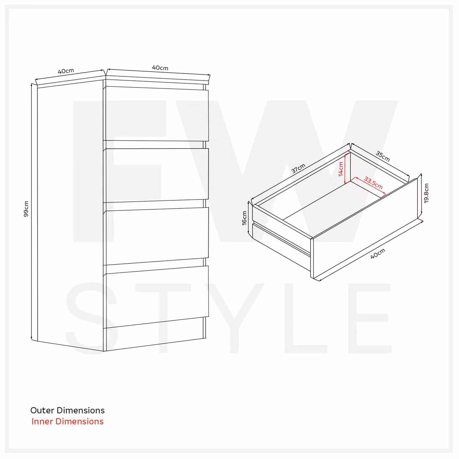 FWStyle Matt Black 4 Drawer Tall Slim Chest of Drawers – 3
