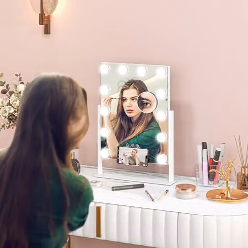 HOMCOM Hollywood LED Tabletop Makeup Mirror in White, W 37 cm x H 46 cm, with Dimmable Touch Control – 2