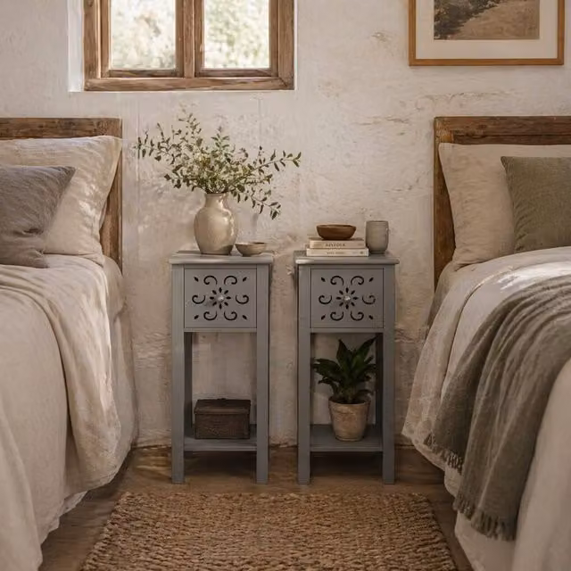 Wyld Haus Elne Set of 2 Grey Floral Cut Out Wooden Side Tables