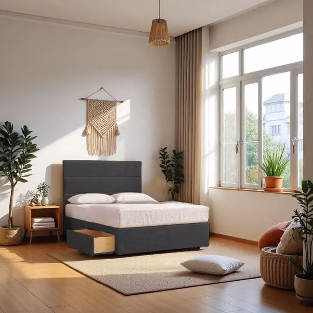 Knight Sleep York Plush Velvet Divan Base with Upholstered Headboard in Grey, W/D/H: 140 x 200 cm