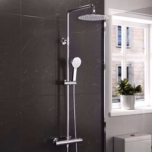 Nes Home Exposed Thermostatic Mixer Shower Set with Overhead Shower and Handheld Shower in Matte Black and Chrome