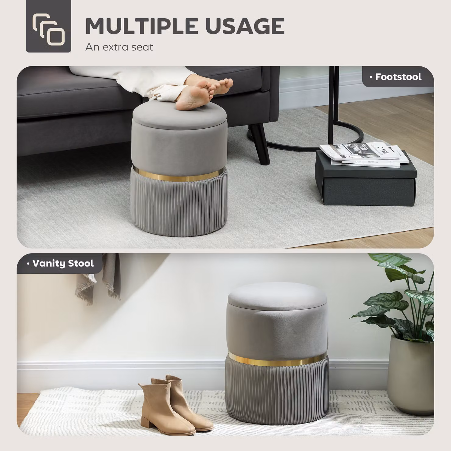 HOMCOM Velvet Cylindrical Storage Ottoman in Grey – 2