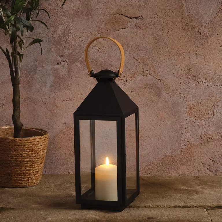 Lights4fun Brixham Regular Leather Effect Handle Lantern in Black with TruGlow Pillar Candle and Remote Control