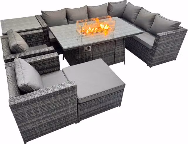 Fimous 9-Seater Rattan Corner Sofa Set with Gas Firepit in Dark Grey