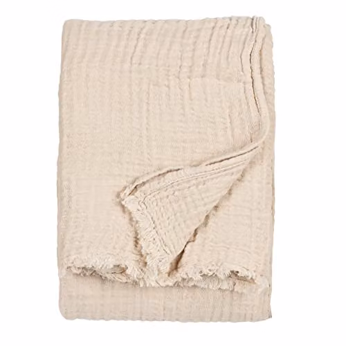 Riva Home Beige Cotton Muslin Woven Throw with Fringes W/D/H: 130 x 180 cm – 1