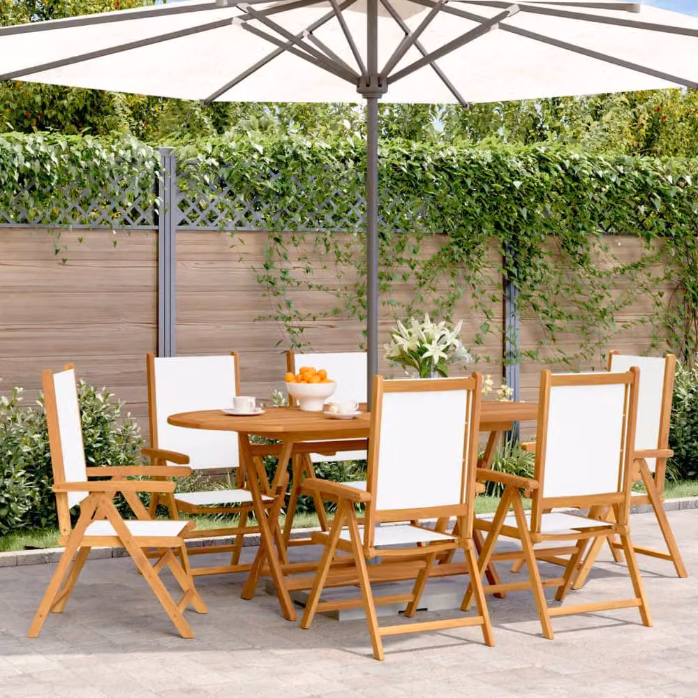 Berkfield Home Set of 6 Reclining Garden Chairs in Off-White Fabric and Oiled Acacia Wood – 2