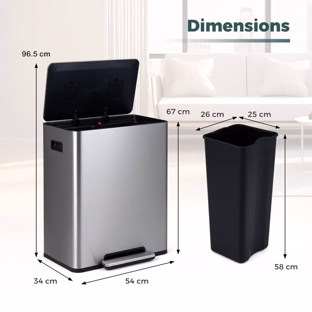 Costway 60L Stainless Steel Pedal Trash Can with 2 Removable Inner Buckets in Silver – 2