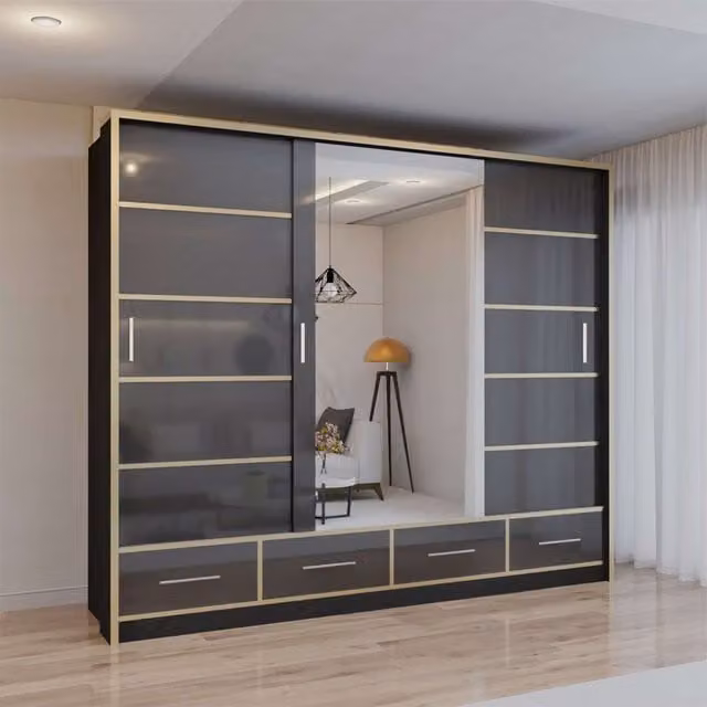 Sliding Wardrobes 4U Modern High Gloss Sliding Wardrobe with Integrated LED Light, Black, W: 253 cm, H: 220 cm – 1