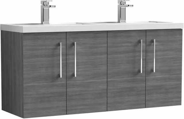 Balterley Level 1200mm Wall Hung 4 Door Bathroom Vanity Unit with 2 Polymarble Basins in Anthracite Grey Woodgrain