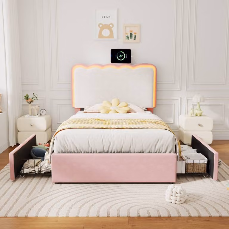 Rolipo Pink Velvet Upholstered Single Bed with LED Headboard, USB Charging Port, Bedside Shelf and 2 Drawers, W/D/H: 90 x 190 cm