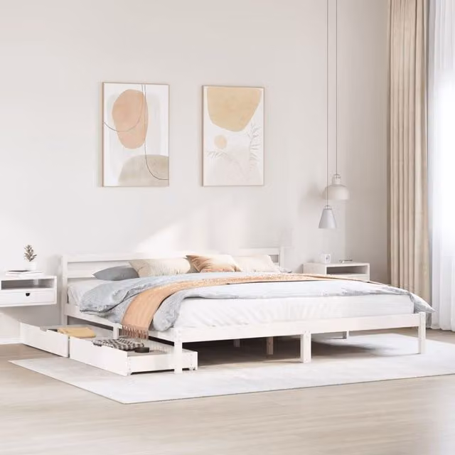 Berkfield Home White Solid Pine Bed Frame with Drawers, W/D/H: 200 x 200 cm
