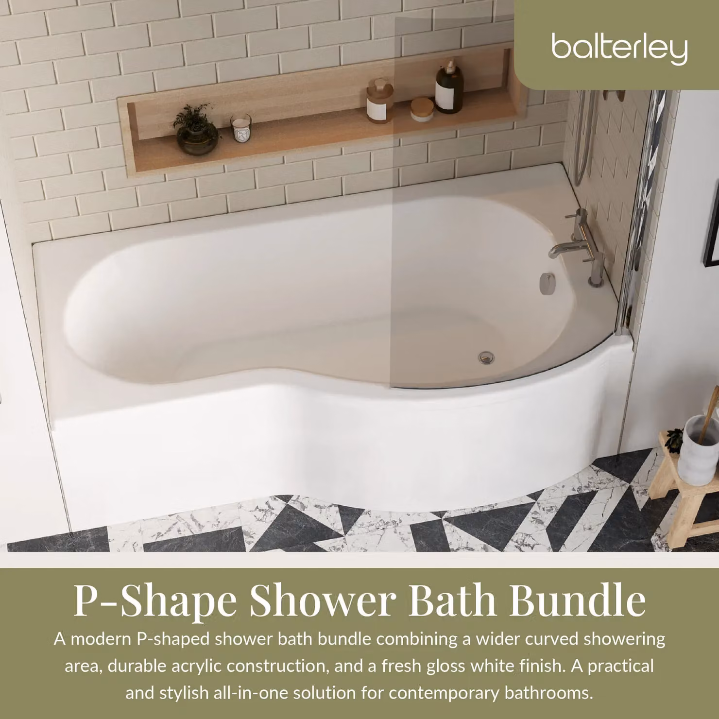 Balterley Right Hand P Shape Asymmetric Square Shower Bath Screen and Front Panel, White – 2
