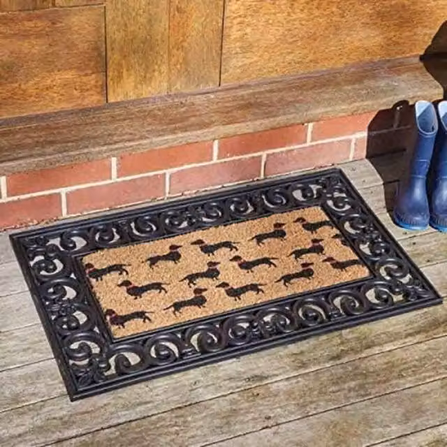 Marco Paul Non Slip Coir Door Mat Insert with Sausage Dog Design in Beige, Diameter: 100 cm