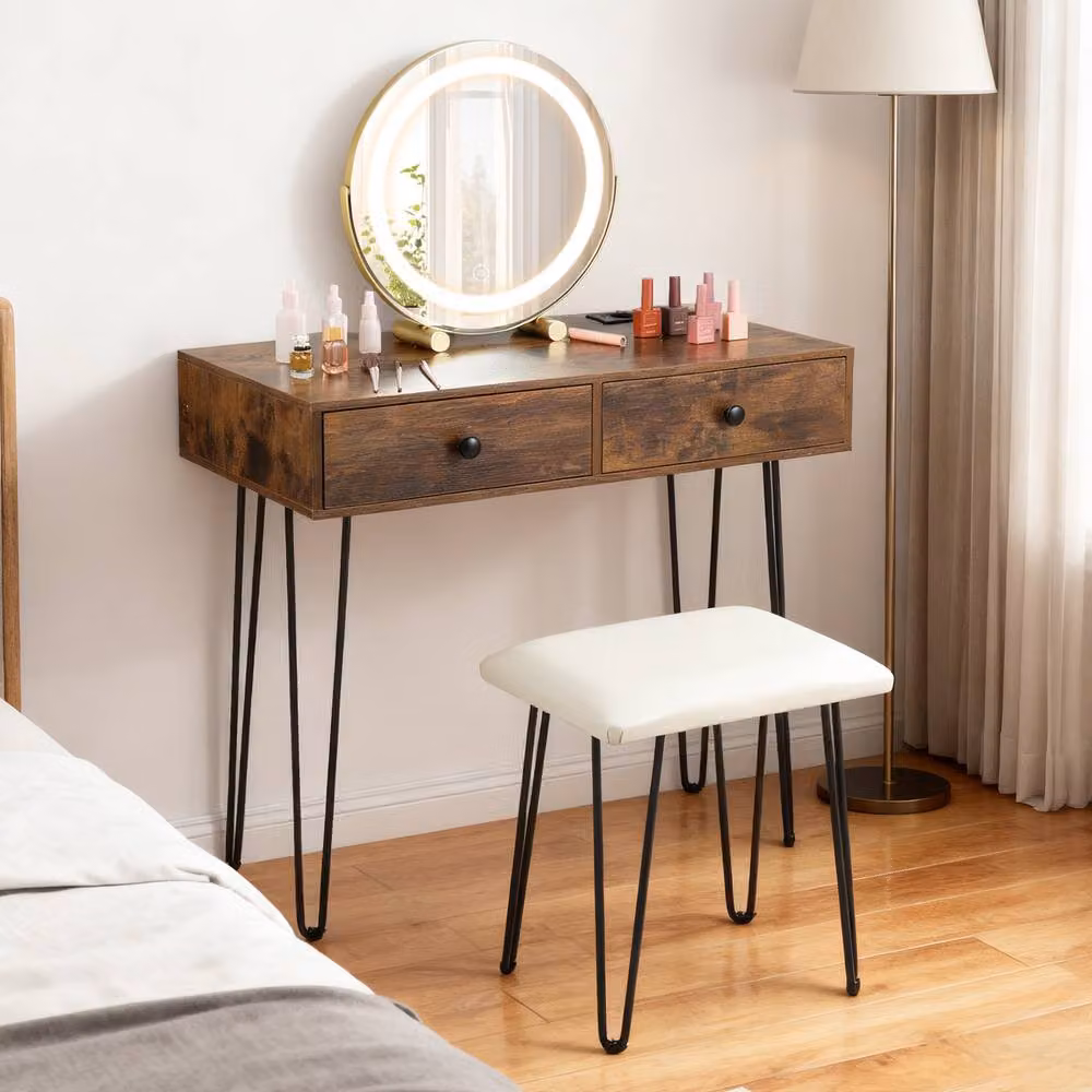 Costway Vanity Desk and Stool Set with Hollywood LED Mirror in Brown – 5