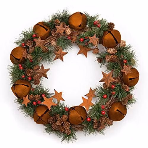Shatchi Rustic Christmas Wreath with Stars and Leaves in Multicolour, Diameter: 40 cm – 1