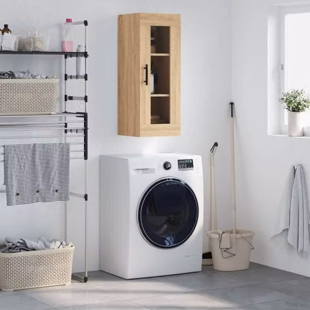 Berkfield Home Wall Mounted Sonoma Oak Cabinet with Glass Doors in Brown W/D/H: 34.5 x 34.5 x 90 cm