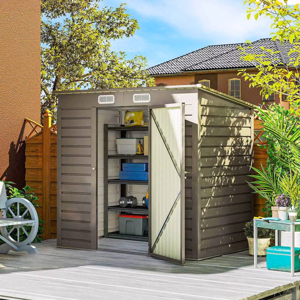 Rolipo Galvanised Metal Pent Garden Shed with Lockable Double Doors, Light Grey, W/D/H: 122 x 183 x 188 cm – 2