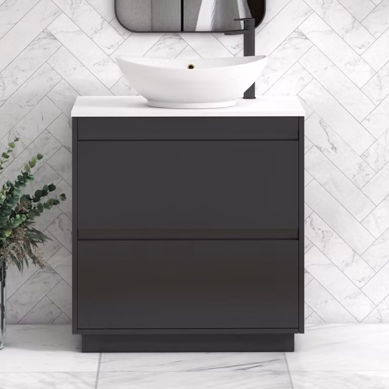 Royal Bathrooms Orion 800mm Matt Obsidian Black and Plain White 2 Drawer Floor Standing Vanity Unit with Amaze Basin and Black Accent Trim