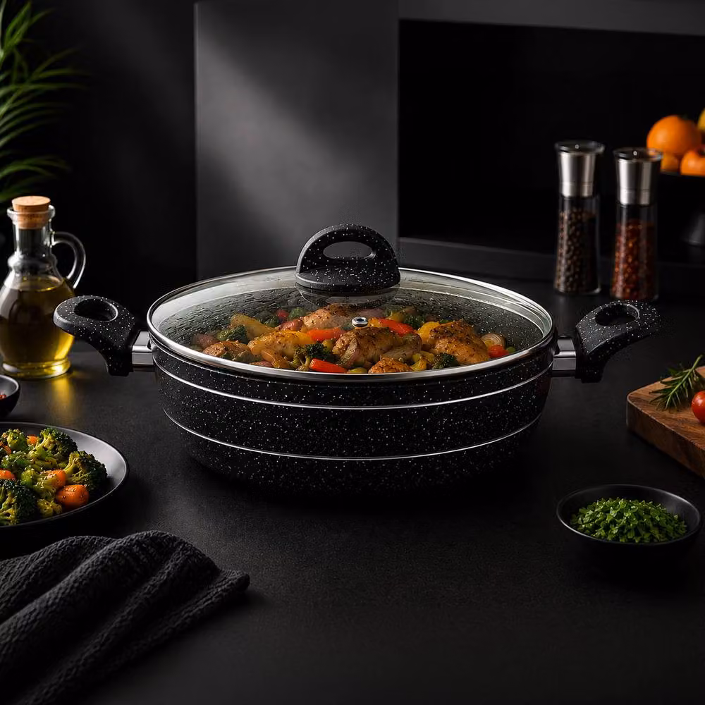 Royalford Black Granite Coating Non-Stick Wok Pan with Glass Lid, Medium – 2
