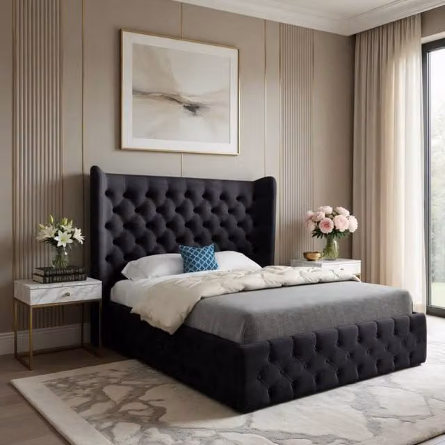 KDMD Leigh Wide Winged Upholstered Designer Bed Frame in Black Soft Velvet, Super King (200 x 200 cm)